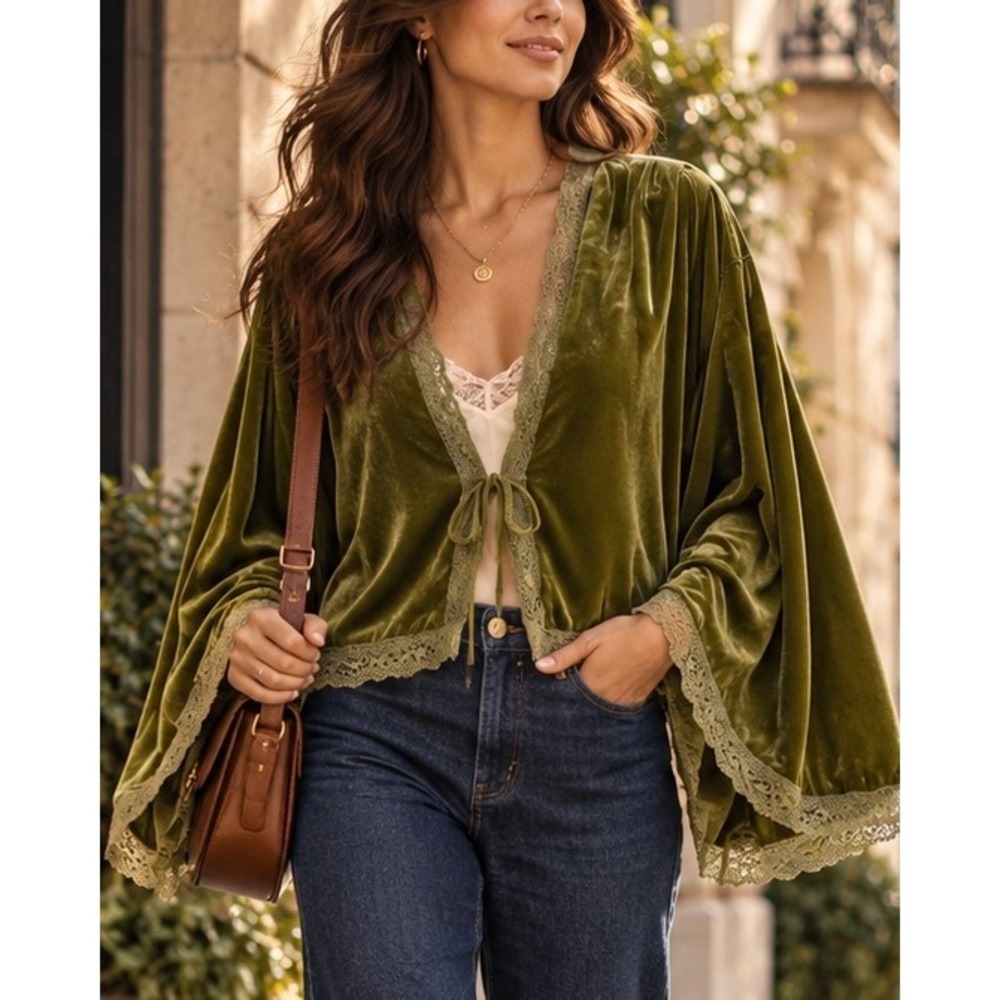 Free People Velvet Moss Bed Jacket Green Lace Kimono Sleeve S NWT Boho Chic